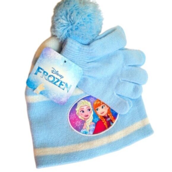 Disney Other - DISNEY Girls Frozen Elsa Blue Striped Pom Pom Knit Warm Winter Hat and Glove Set